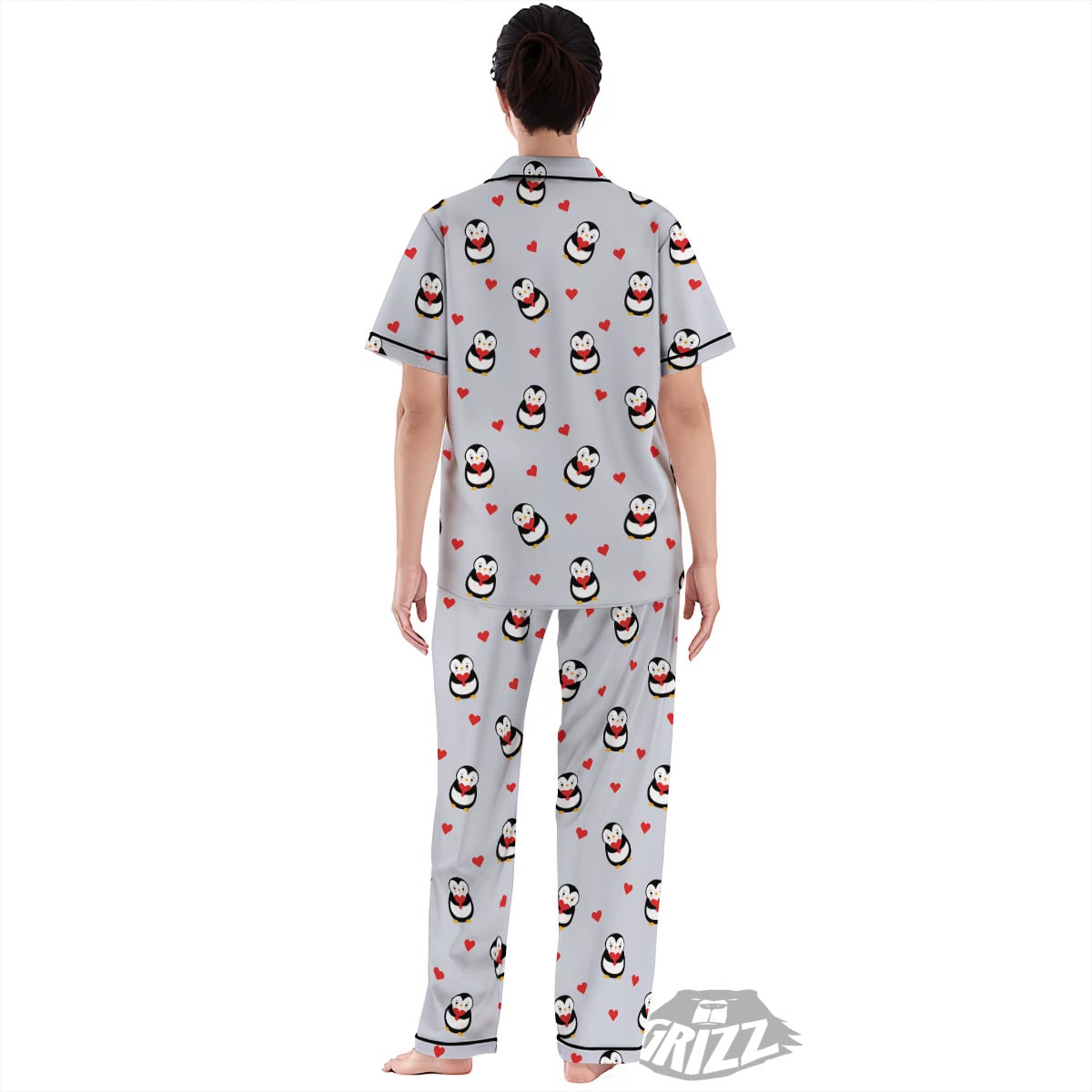 Penguin And Red Heart Print Pattern Women's Pajamas Set-grizzshop
