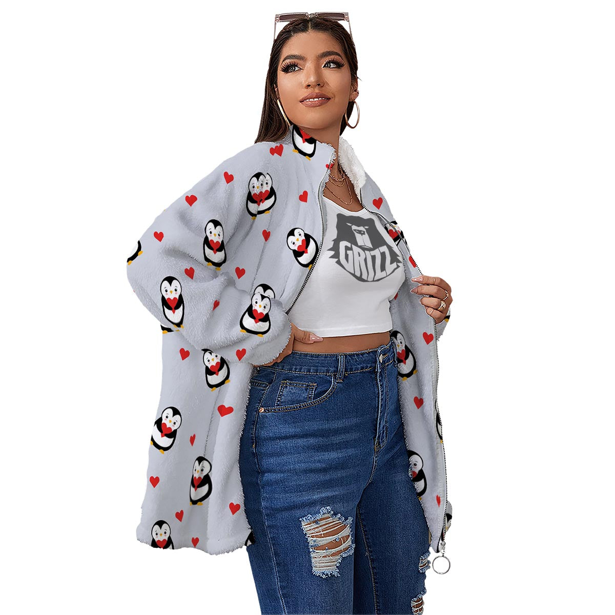 Penguin And Red Heart Print Pattern Women's Sherpa Jacket-grizzshop