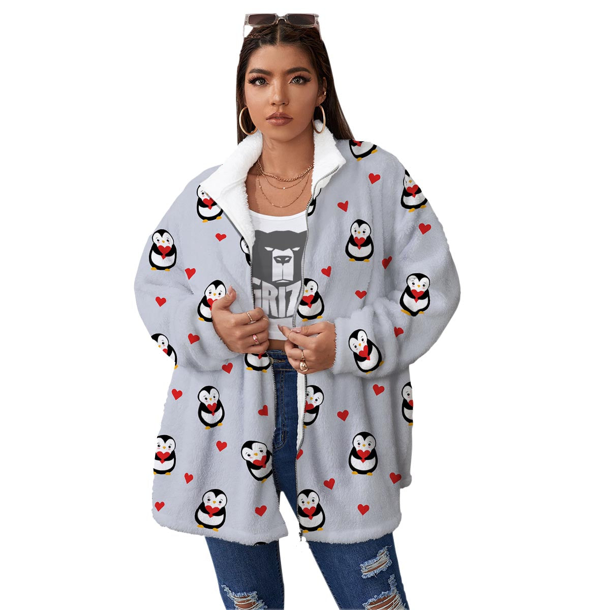 Penguin And Red Heart Print Pattern Women's Sherpa Jacket-grizzshop