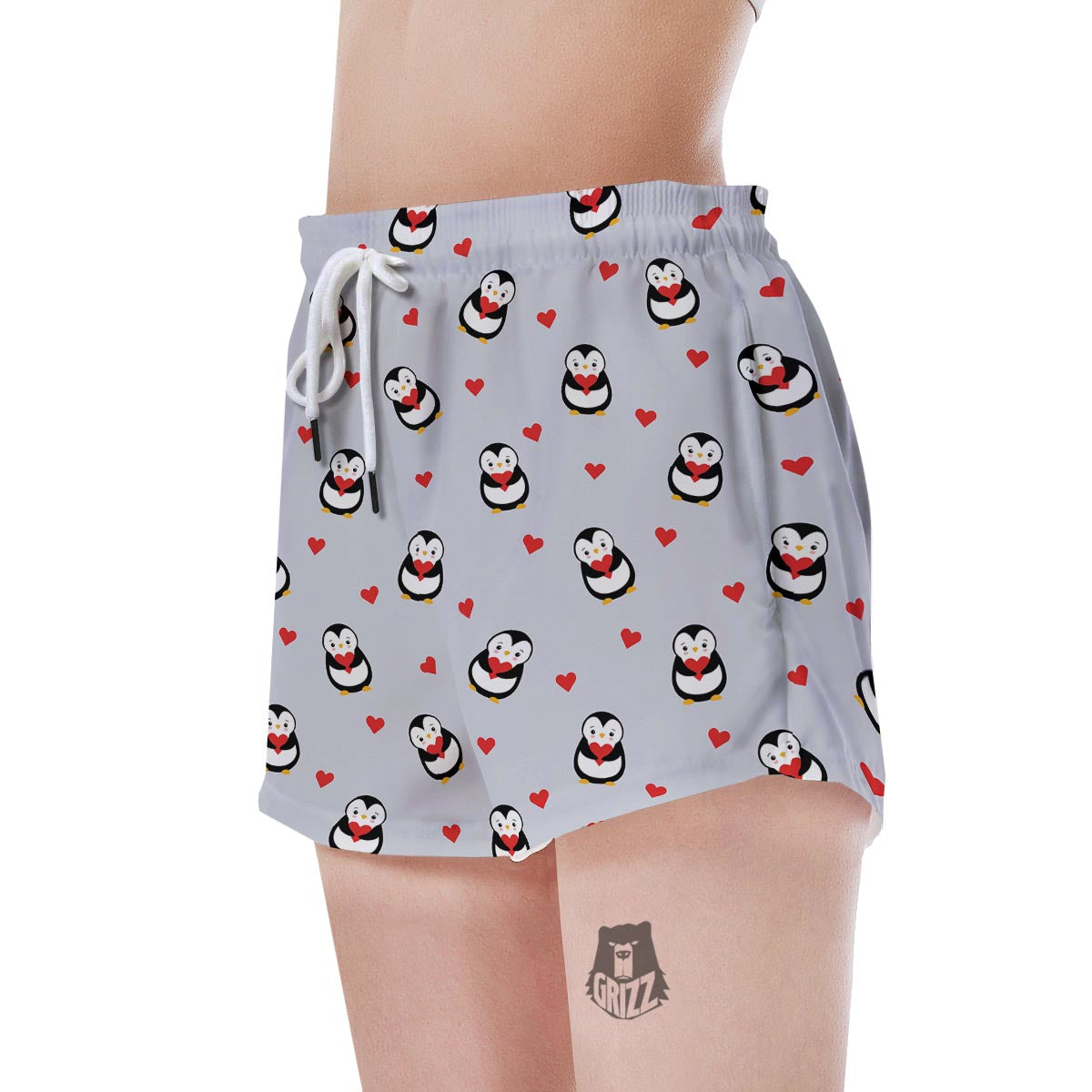 Penguin And Red Heart Print Pattern Women's Shorts-grizzshop