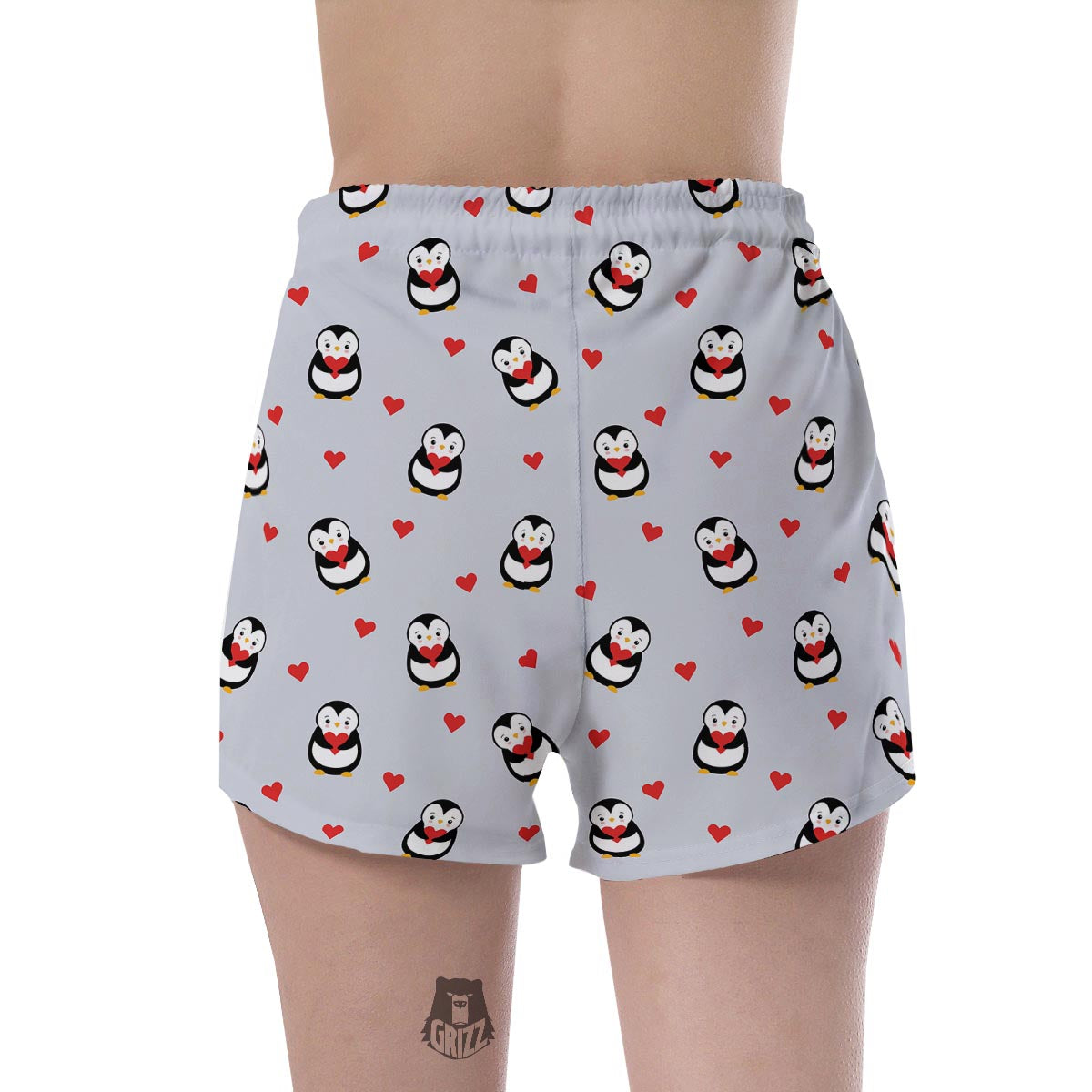 Penguin And Red Heart Print Pattern Women's Shorts-grizzshop