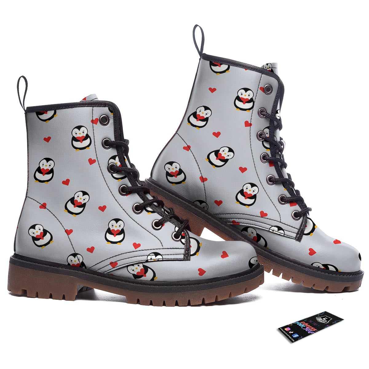 Penguin And Red Heart Print Pattern Work Boots-grizzshop