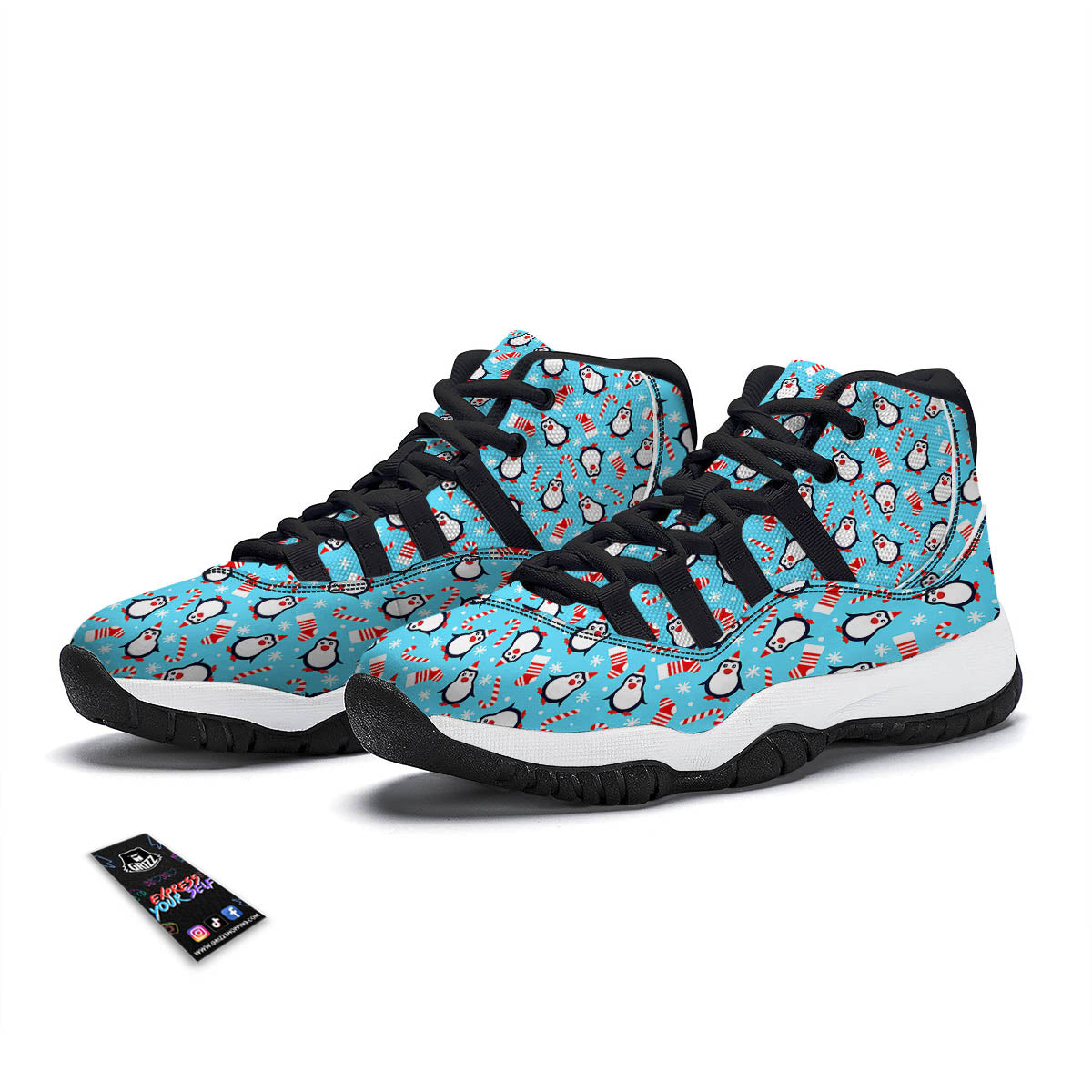 Penguin Christmas Santa Print Pattern Black Bball Shoes-grizzshop