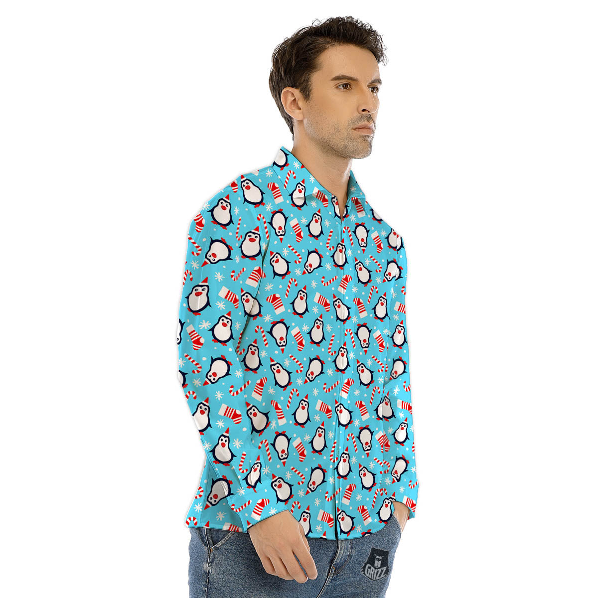 Penguin Christmas Santa Print Pattern Men's Dress Shirts-grizzshop