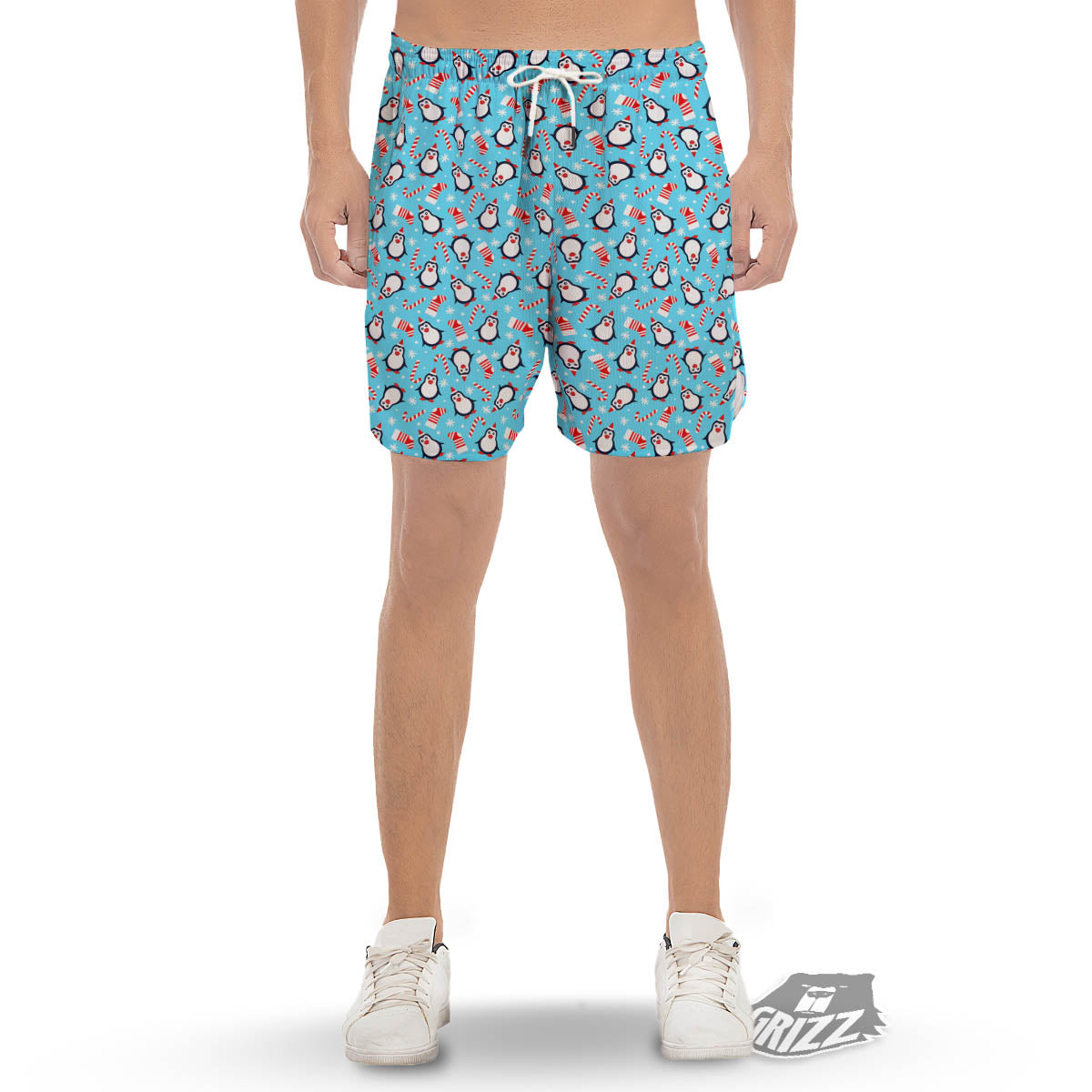 Penguin Christmas Santa Print Pattern Men's Gym Shorts-grizzshop