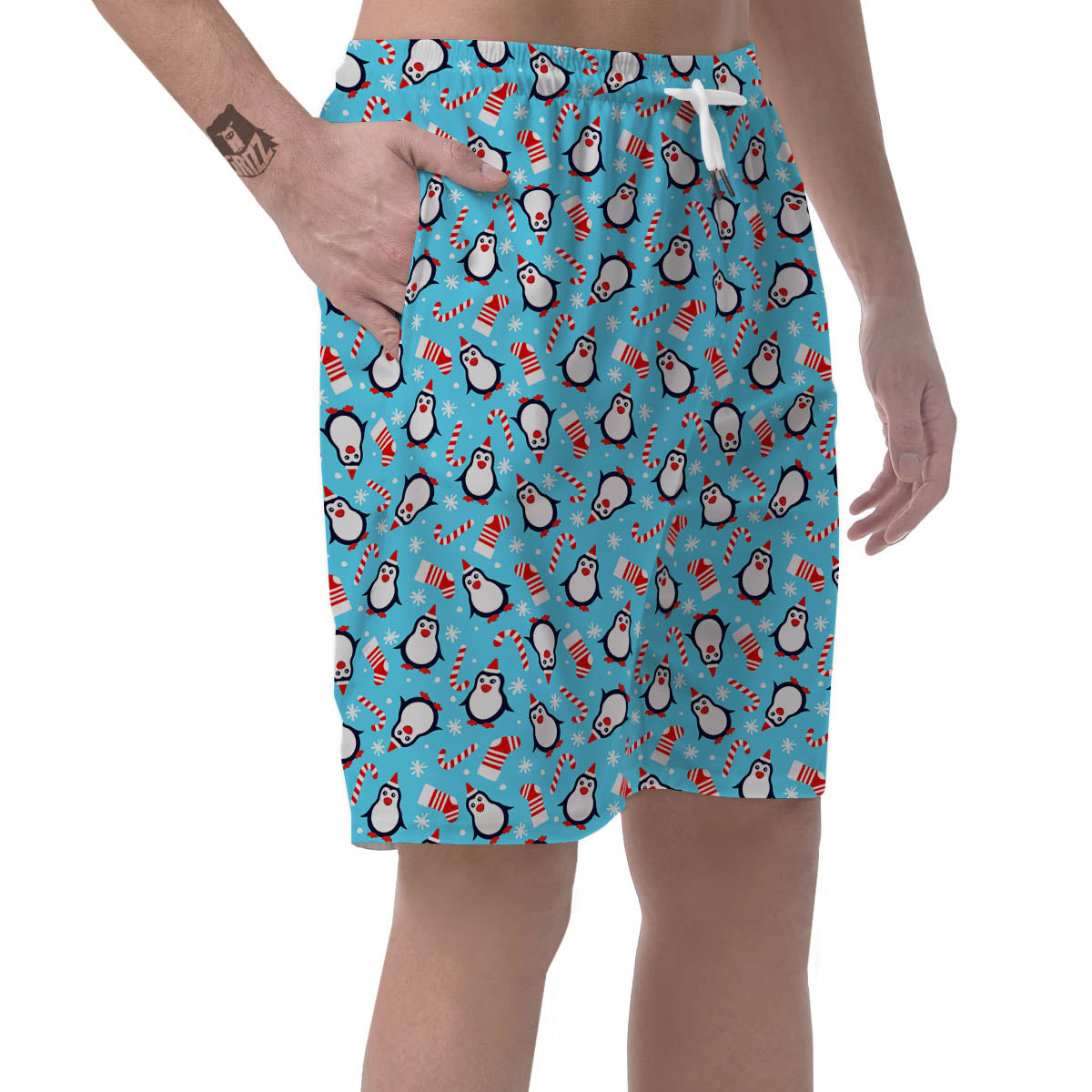Penguin Christmas Santa Print Pattern Men's Shorts-grizzshop