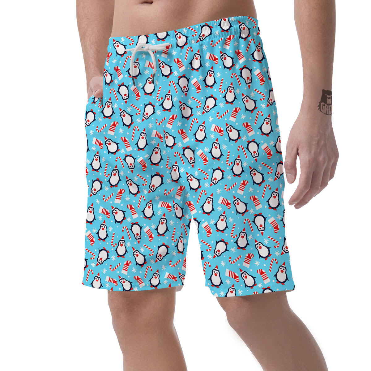 Penguin Christmas Santa Print Pattern Men's Shorts-grizzshop