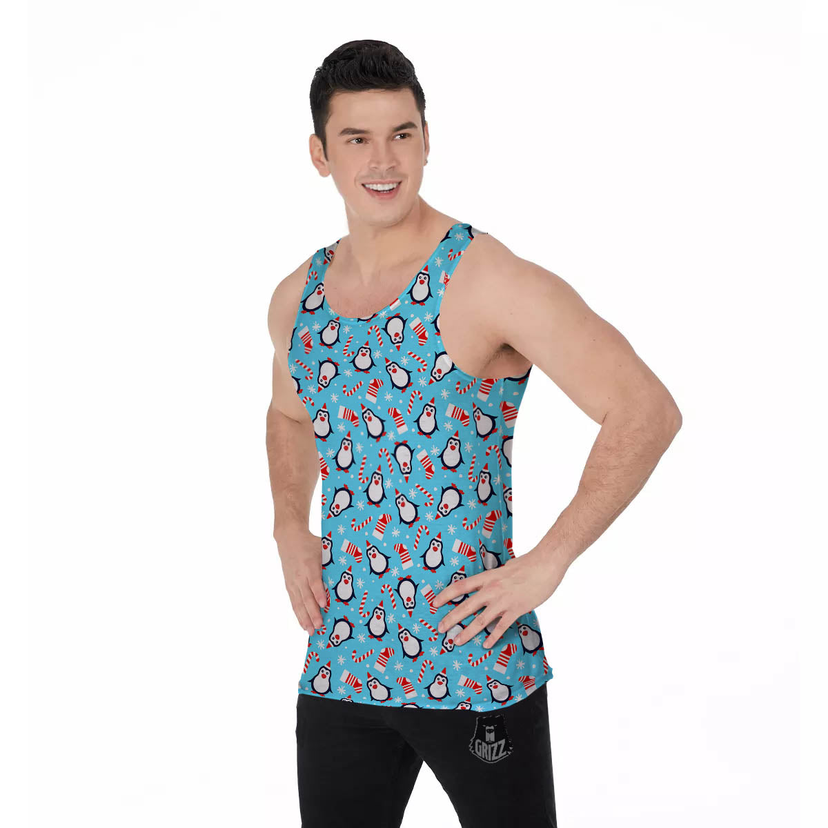 Penguin Christmas Santa Print Pattern Men's Tank Top-grizzshop