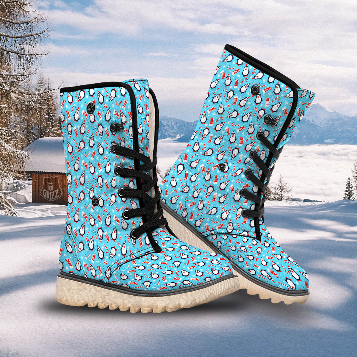 Penguin Christmas Santa Print Pattern Snow Boots-grizzshop