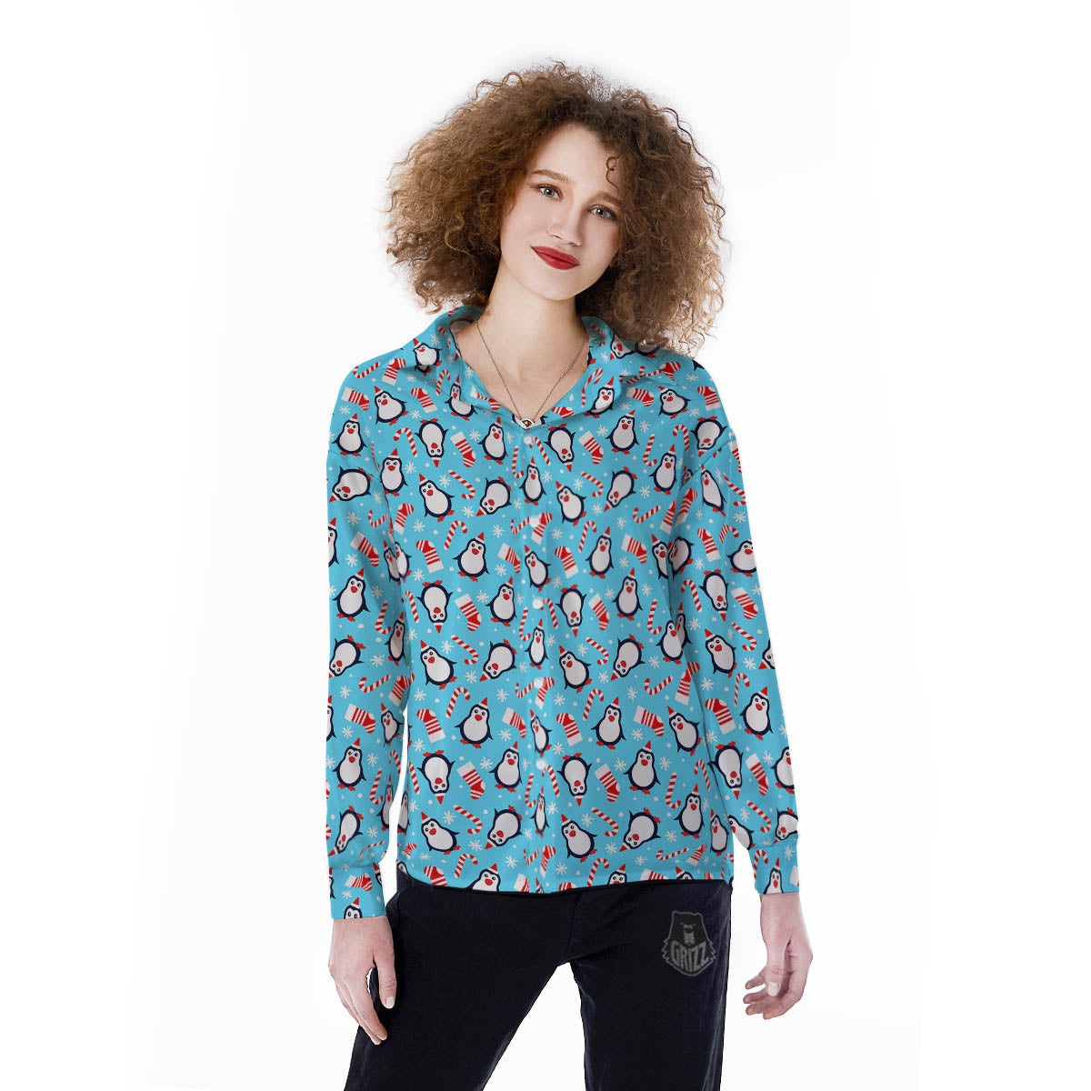 Penguin Christmas Santa Print Pattern Women's Long Sleeve Shirts-grizzshop