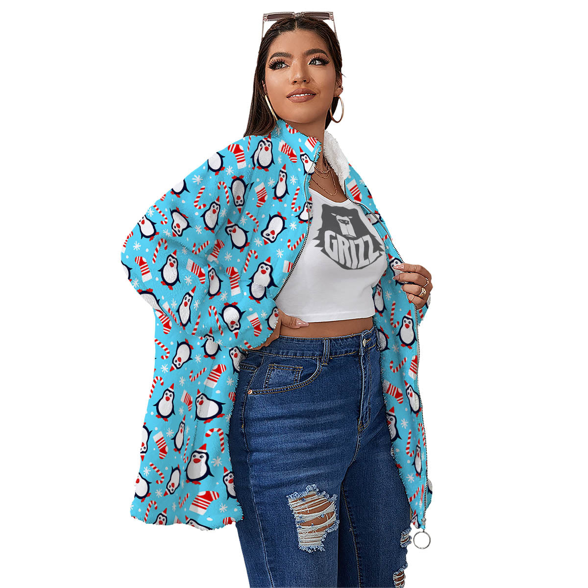 Penguin Christmas Santa Print Pattern Women's Sherpa Jacket-grizzshop
