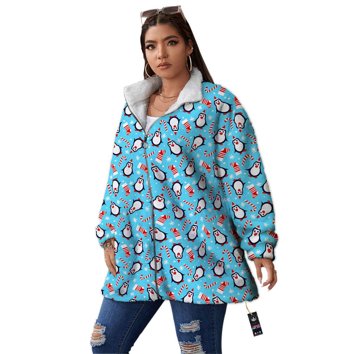 Penguin Christmas Santa Print Pattern Women's Sherpa Jacket-grizzshop