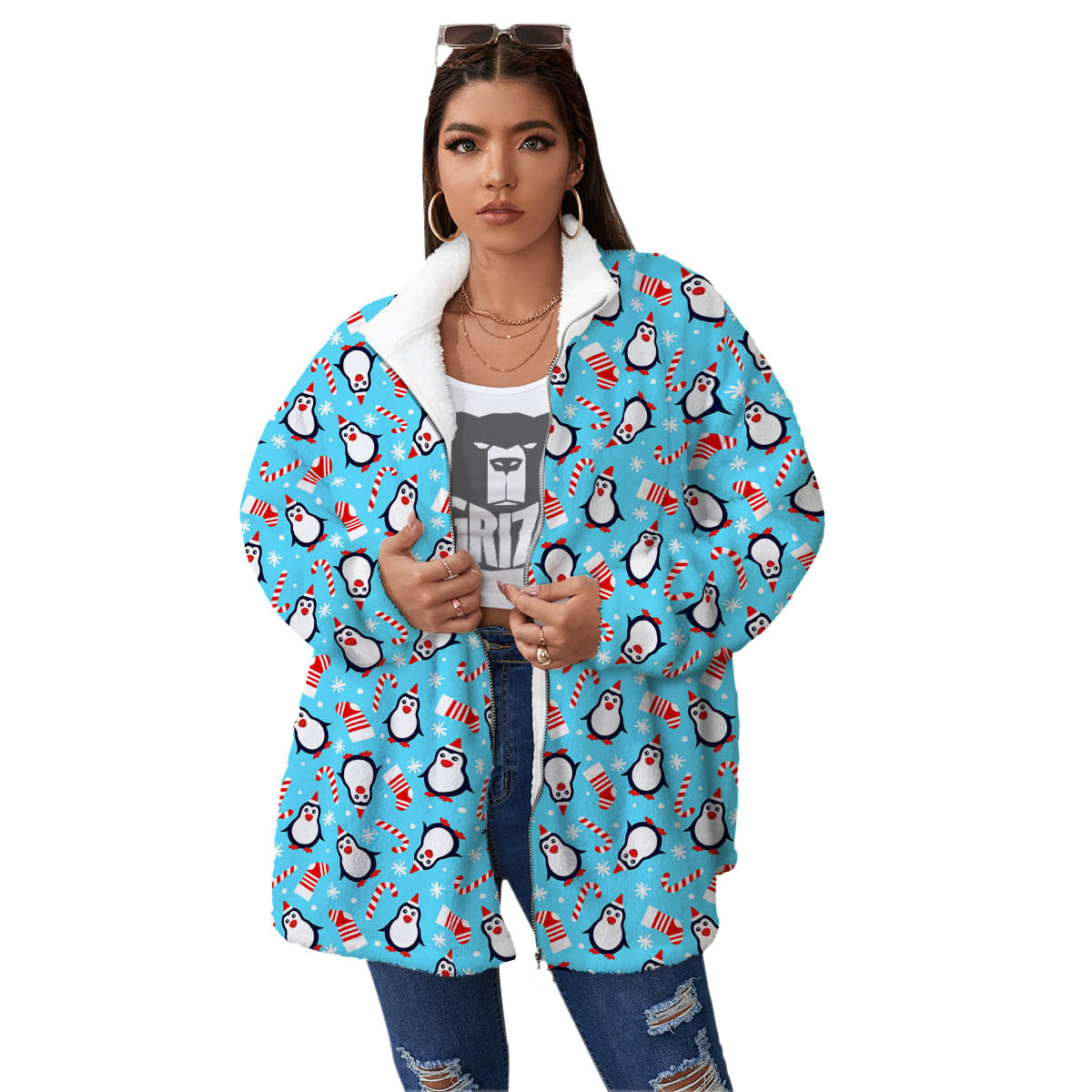 Penguin Christmas Santa Print Pattern Women's Sherpa Jacket-grizzshop