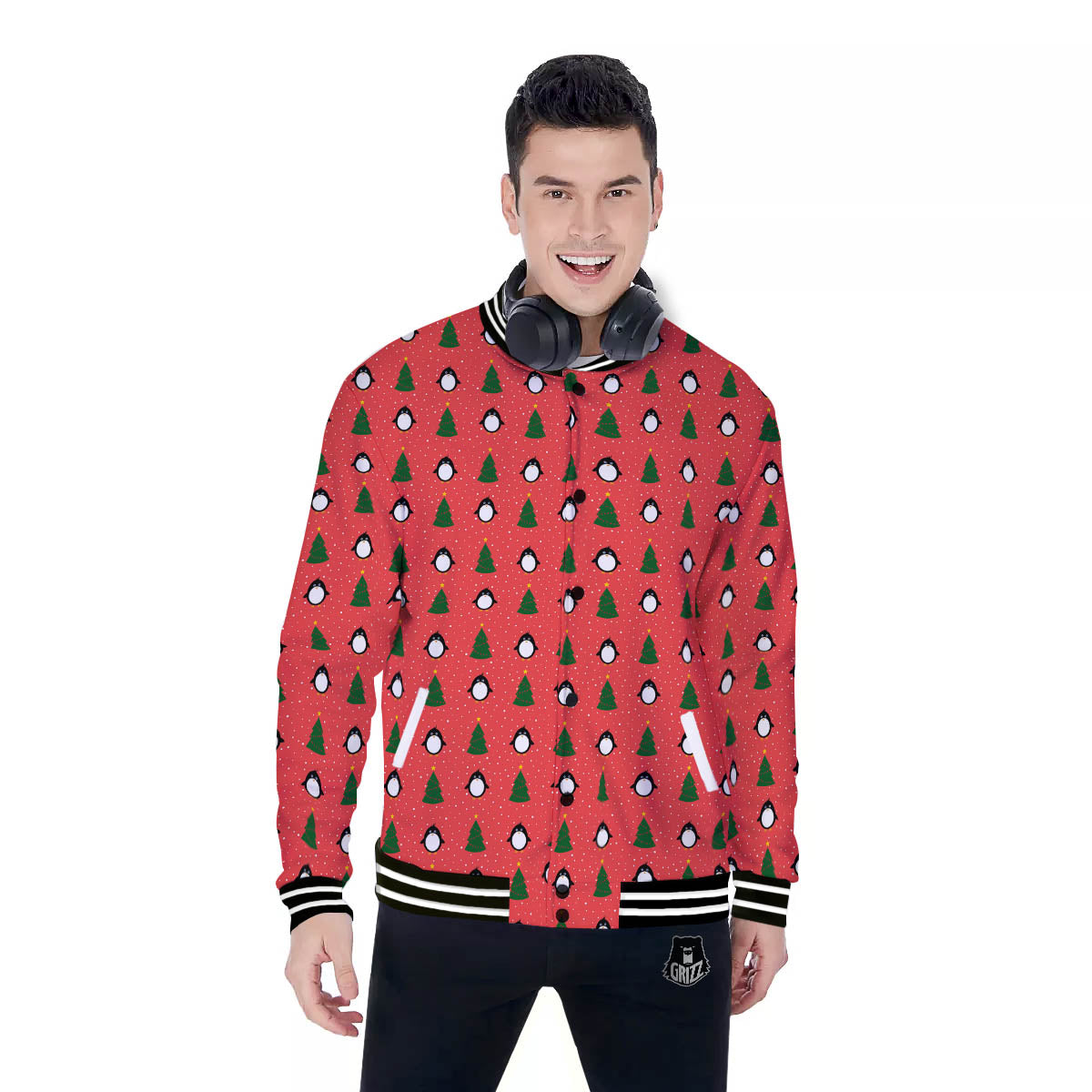 Penguin Christmas Snowy Print Pattern Baseball Jacket-grizzshop