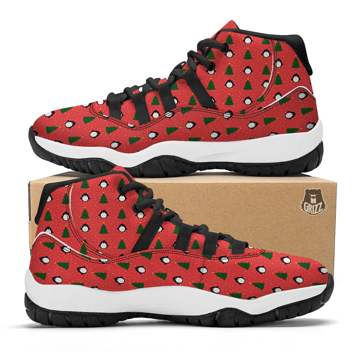 Penguin Christmas Snowy Print Pattern Black Bball Shoes-grizzshop