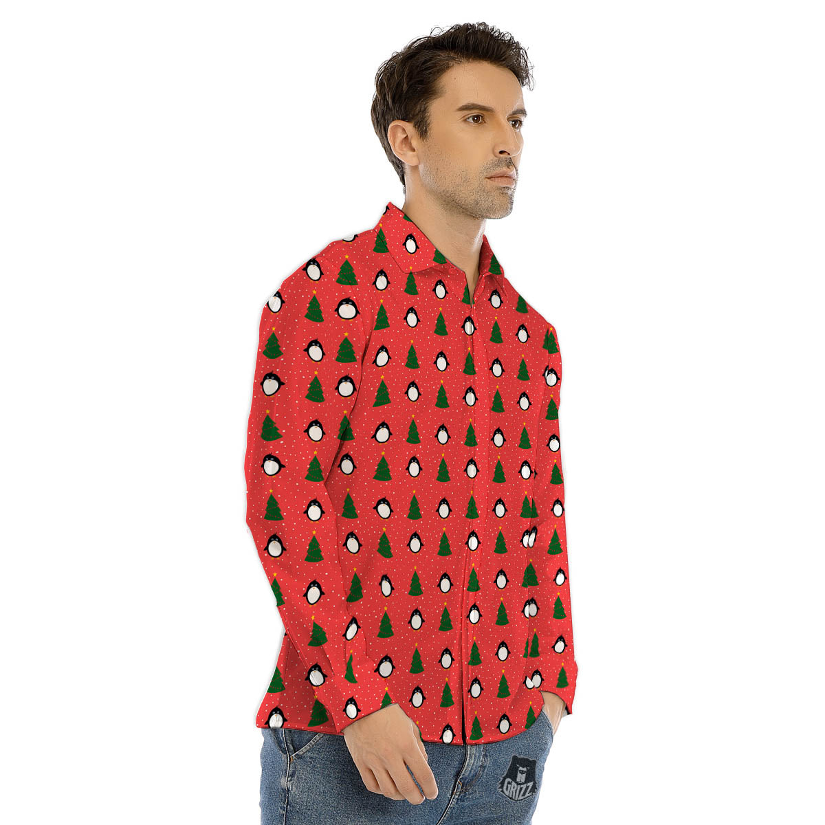Penguin Christmas Snowy Print Pattern Men's Dress Shirts-grizzshop