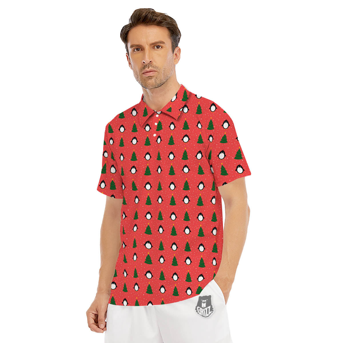Penguin Christmas Snowy Print Pattern Men's Golf Shirts-grizzshop
