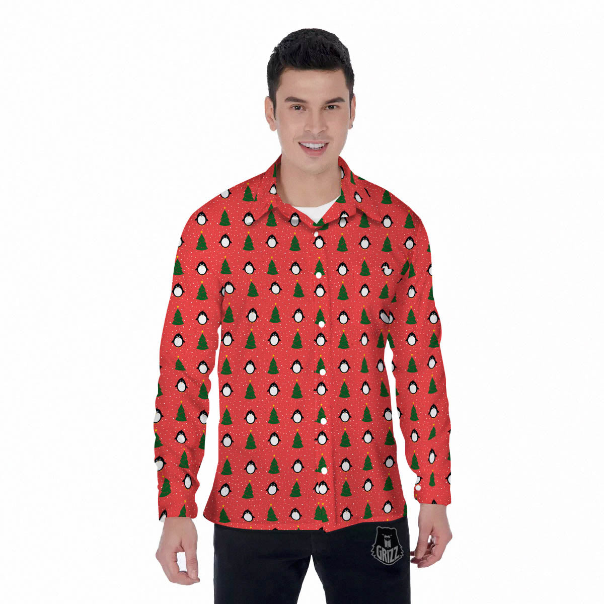 Penguin Christmas Snowy Print Pattern Men's Long Sleeve Shirts-grizzshop