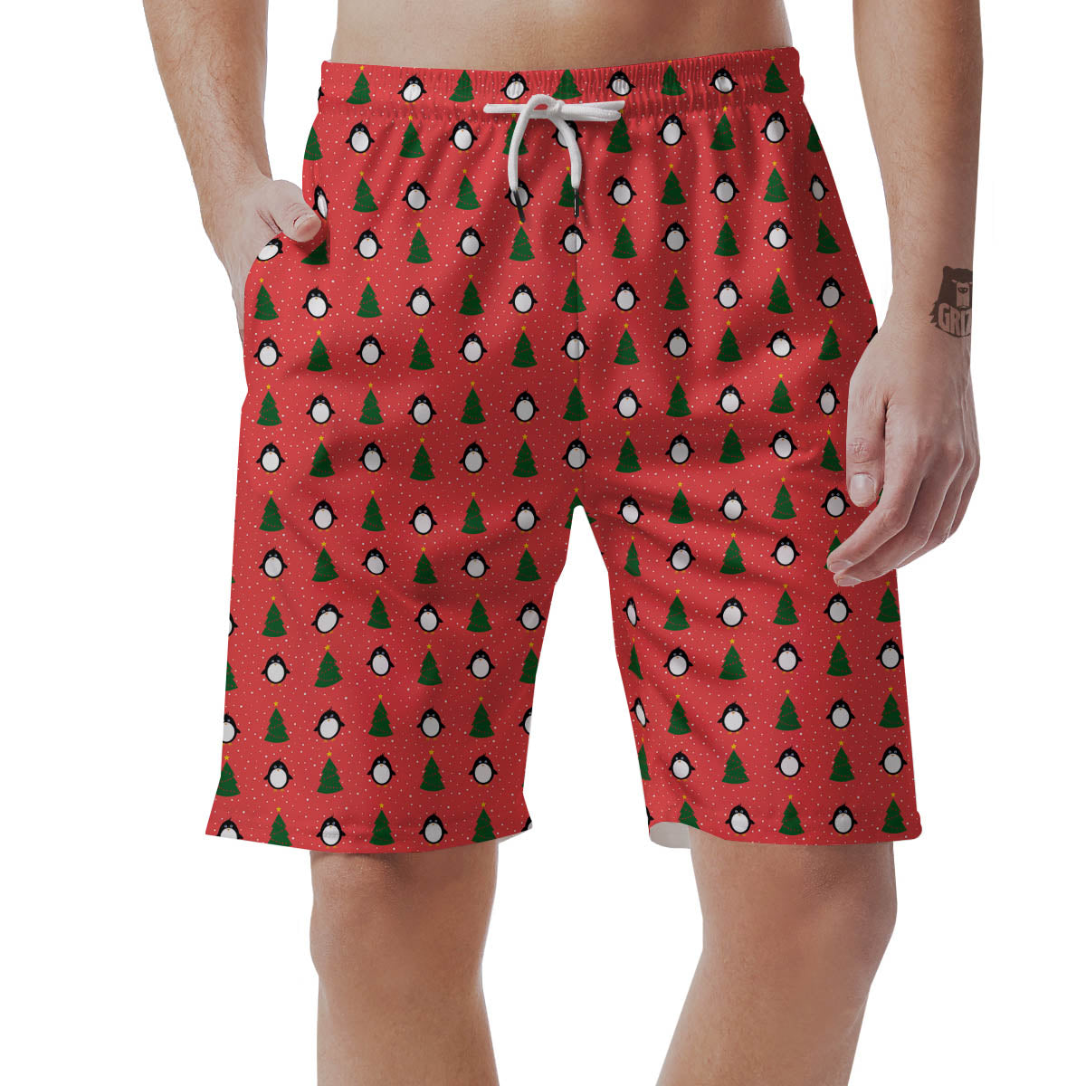 Penguin Christmas Snowy Print Pattern Men's Shorts-grizzshop