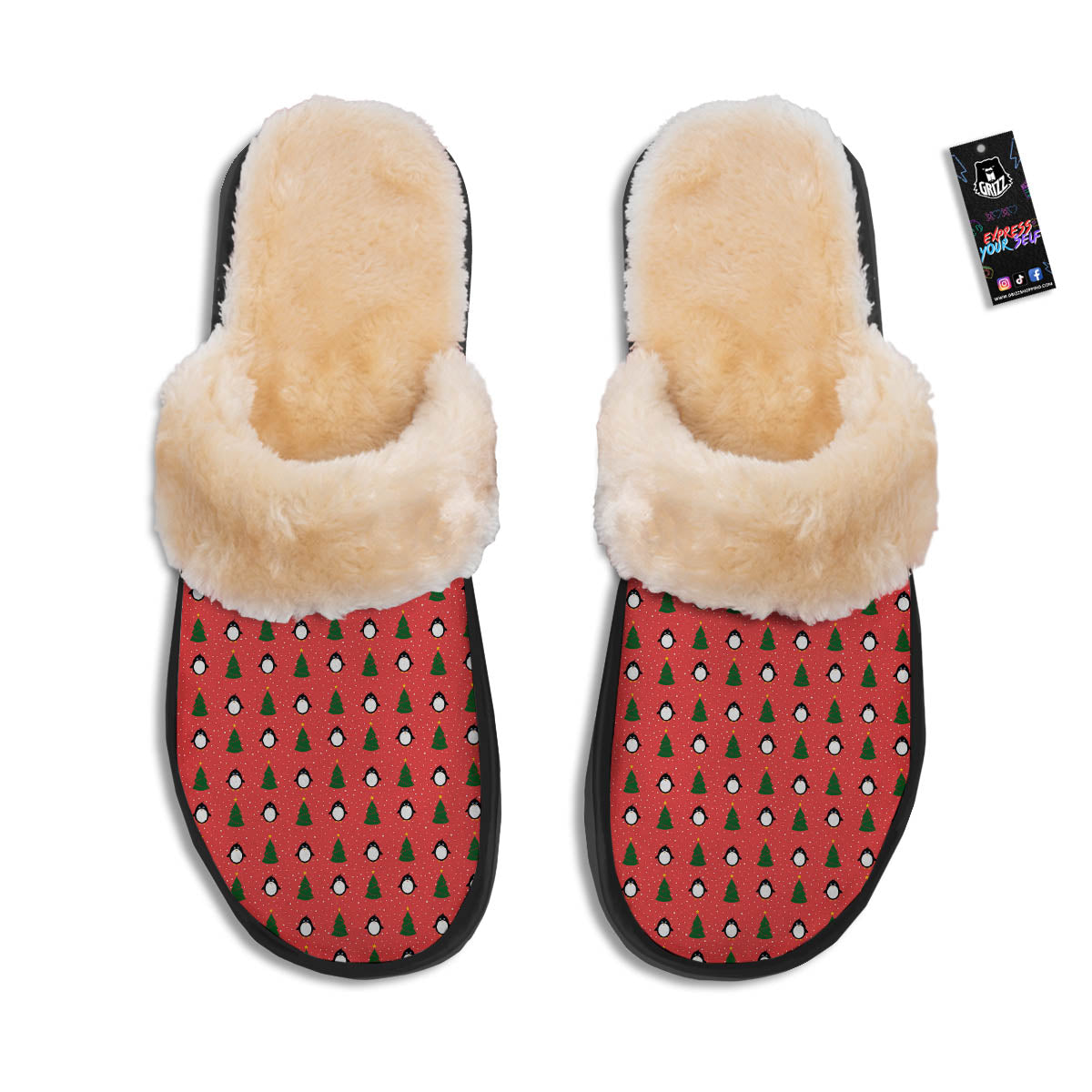 Penguin Christmas Snowy Print Pattern Slippers-grizzshop