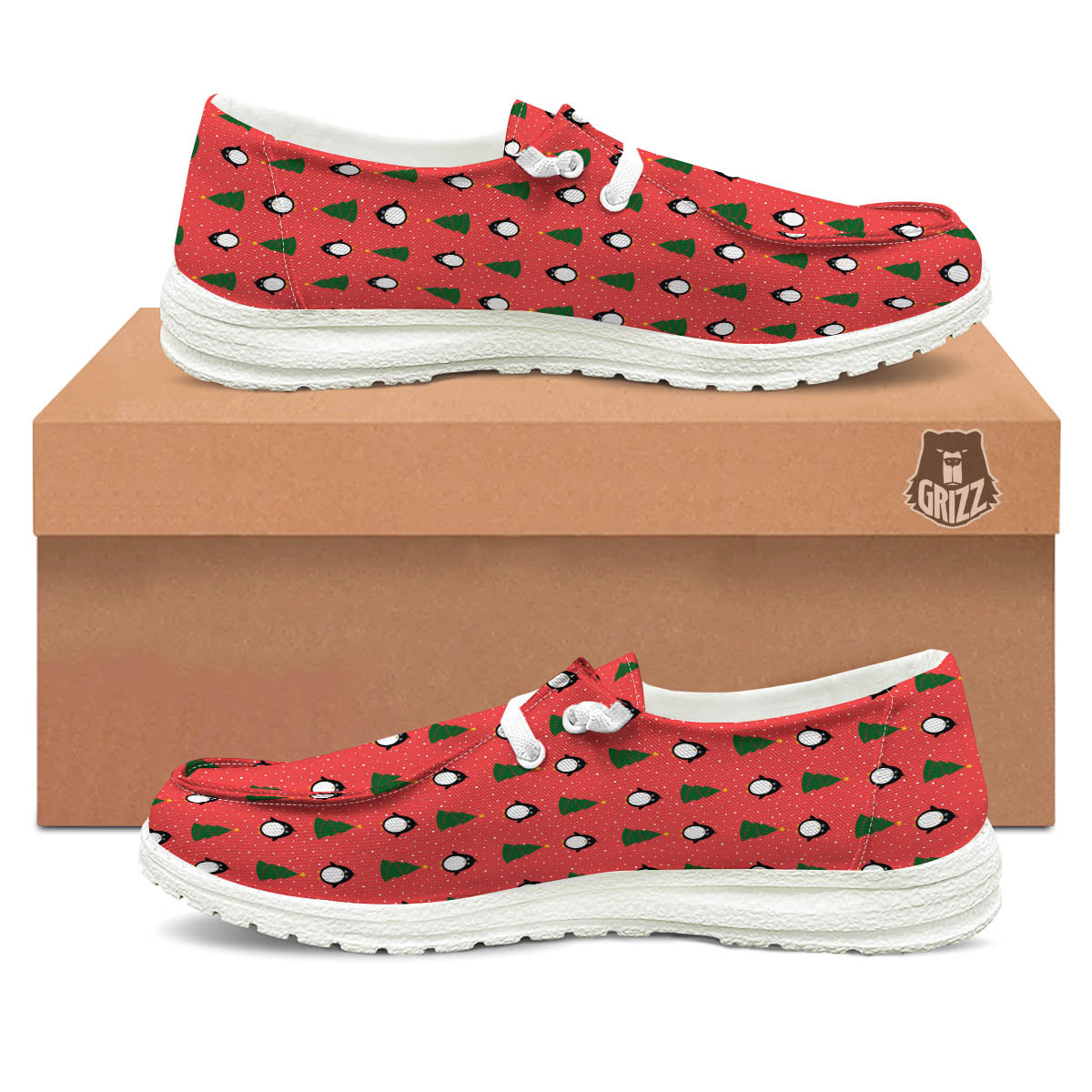 Penguin Christmas Snowy Print Pattern White Loafers-grizzshop