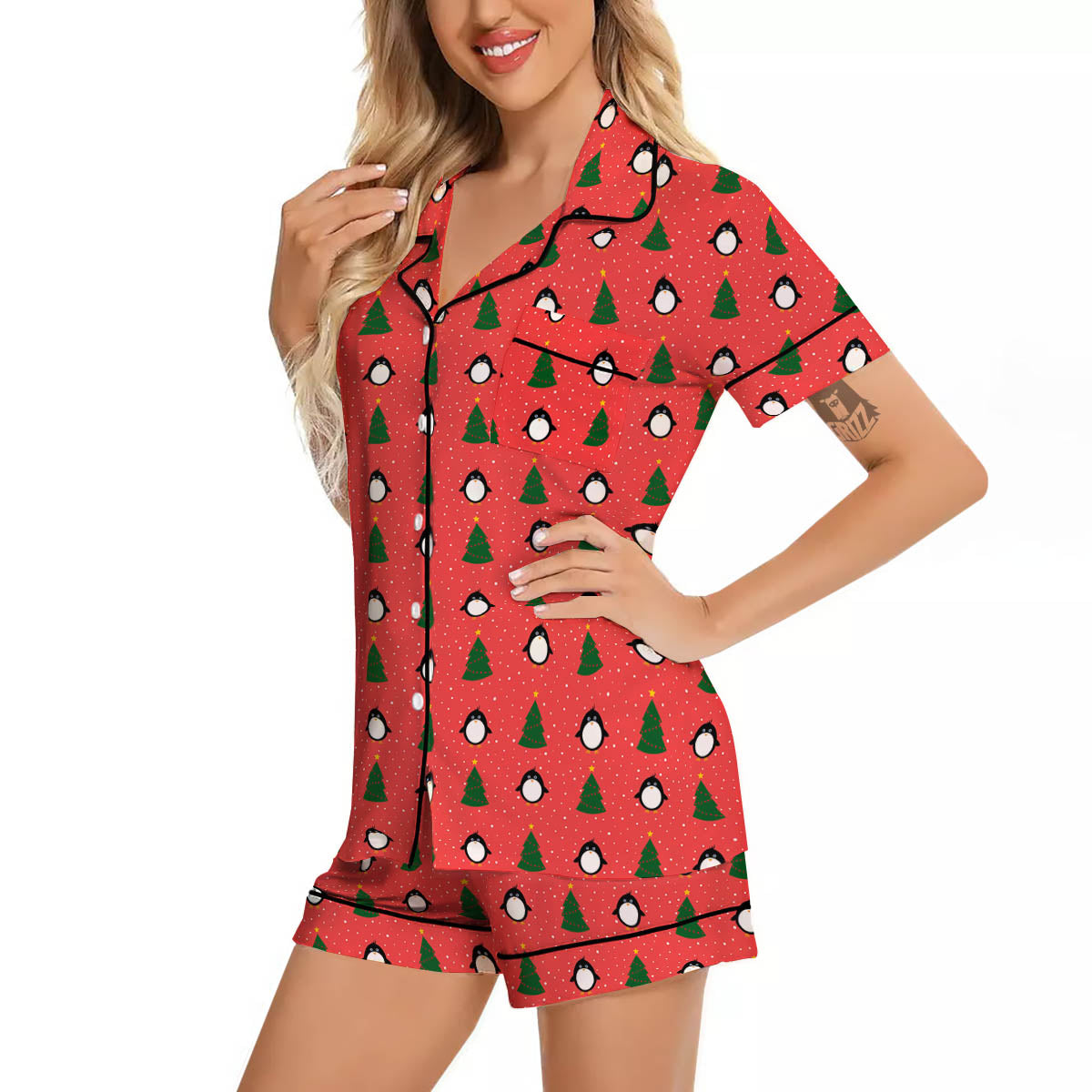 Penguin Christmas Snowy Print Pattern Women Silk Pajamas-grizzshop