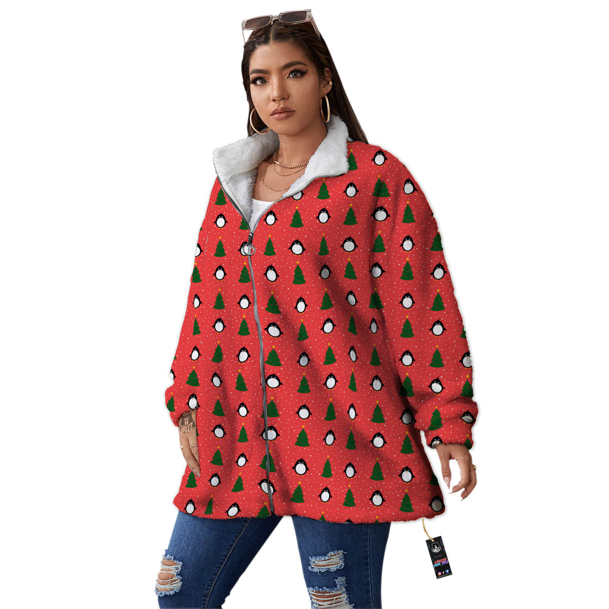 Penguin Christmas Snowy Print Pattern Women's Sherpa Jacket-grizzshop