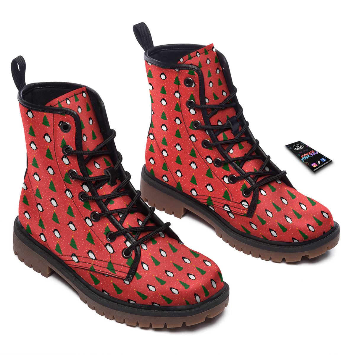 Penguin Christmas Snowy Print Pattern Work Boots-grizzshop