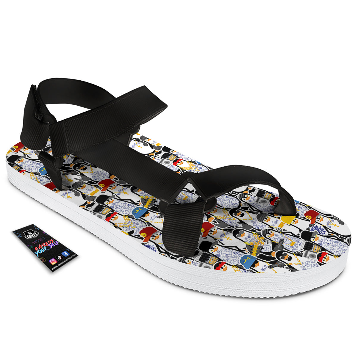 Penguin Criminal Print Pattern Black Open Toe Sandals-grizzshop