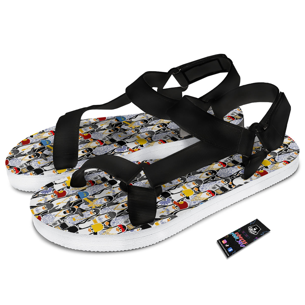 Penguin Criminal Print Pattern Black Open Toe Sandals-grizzshop