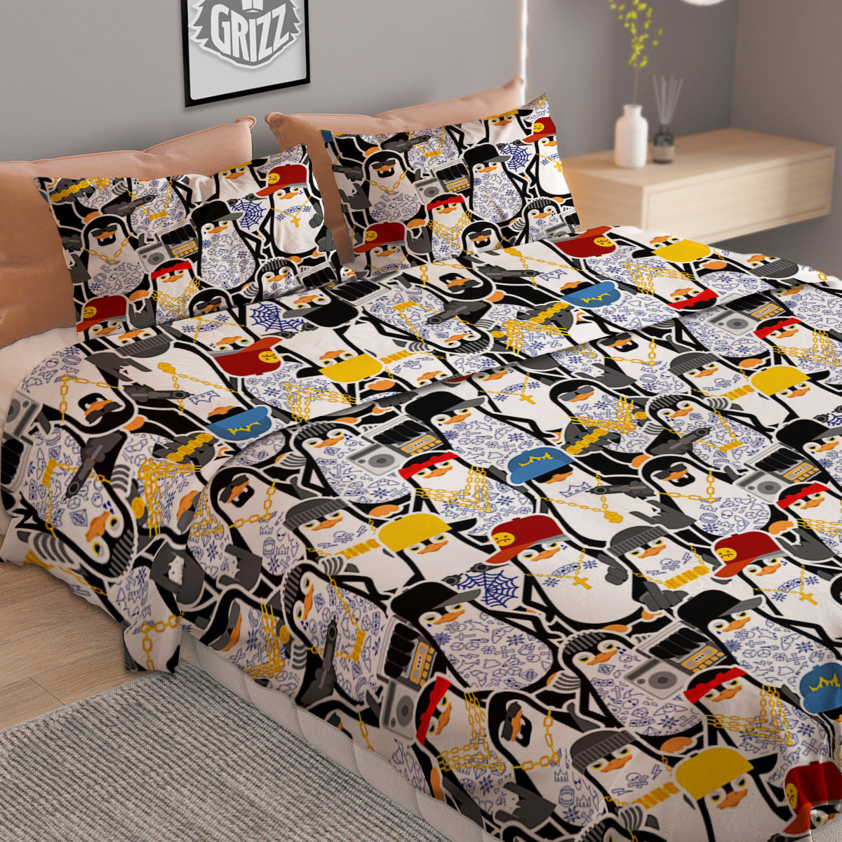 Penguin Criminal Print Pattern Duvet Cover Bedding Set