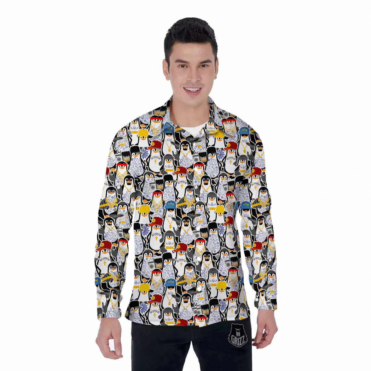 Penguin Criminal Print Pattern Men's Long Sleeve Shirts-grizzshop