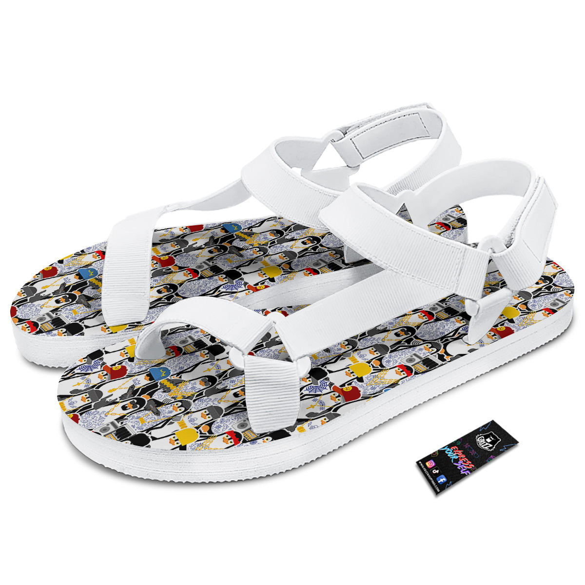 Penguin Criminal Print Pattern White Open Toe Sandals-grizzshop