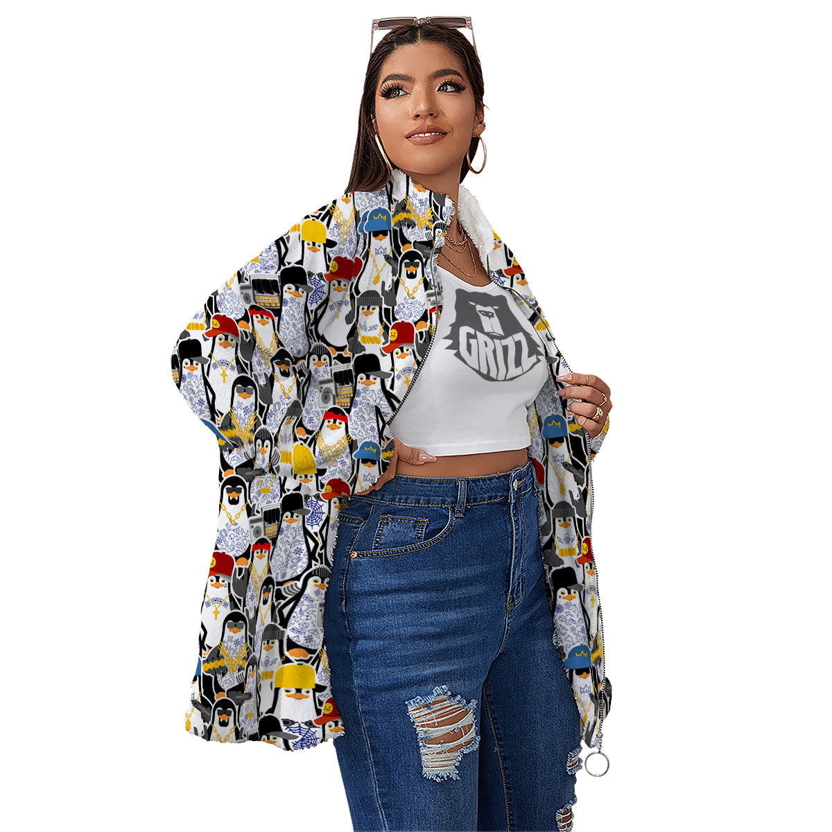 Penguin Criminal Print Pattern Women's Sherpa Jacket-grizzshop