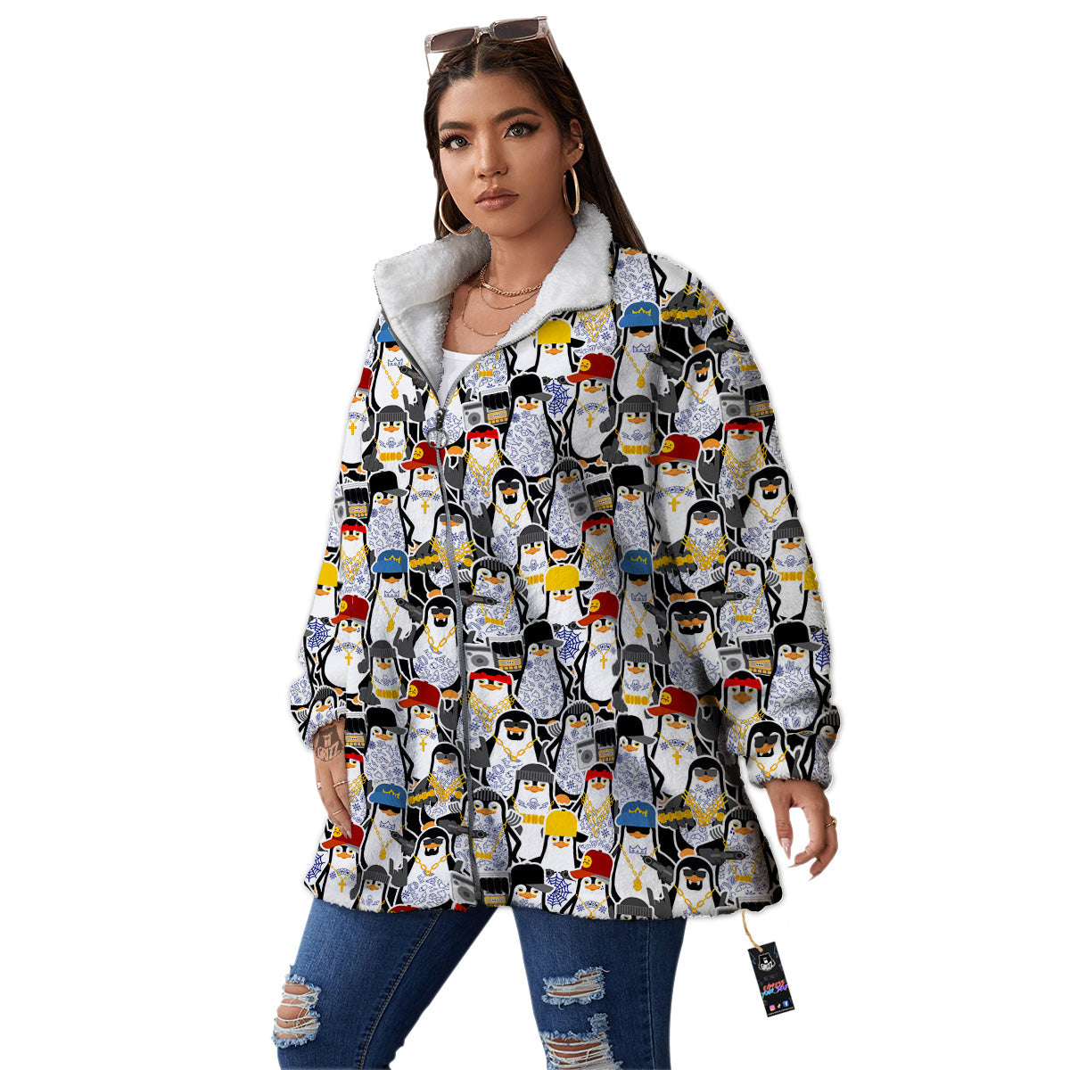 Penguin Criminal Print Pattern Women's Sherpa Jacket-grizzshop