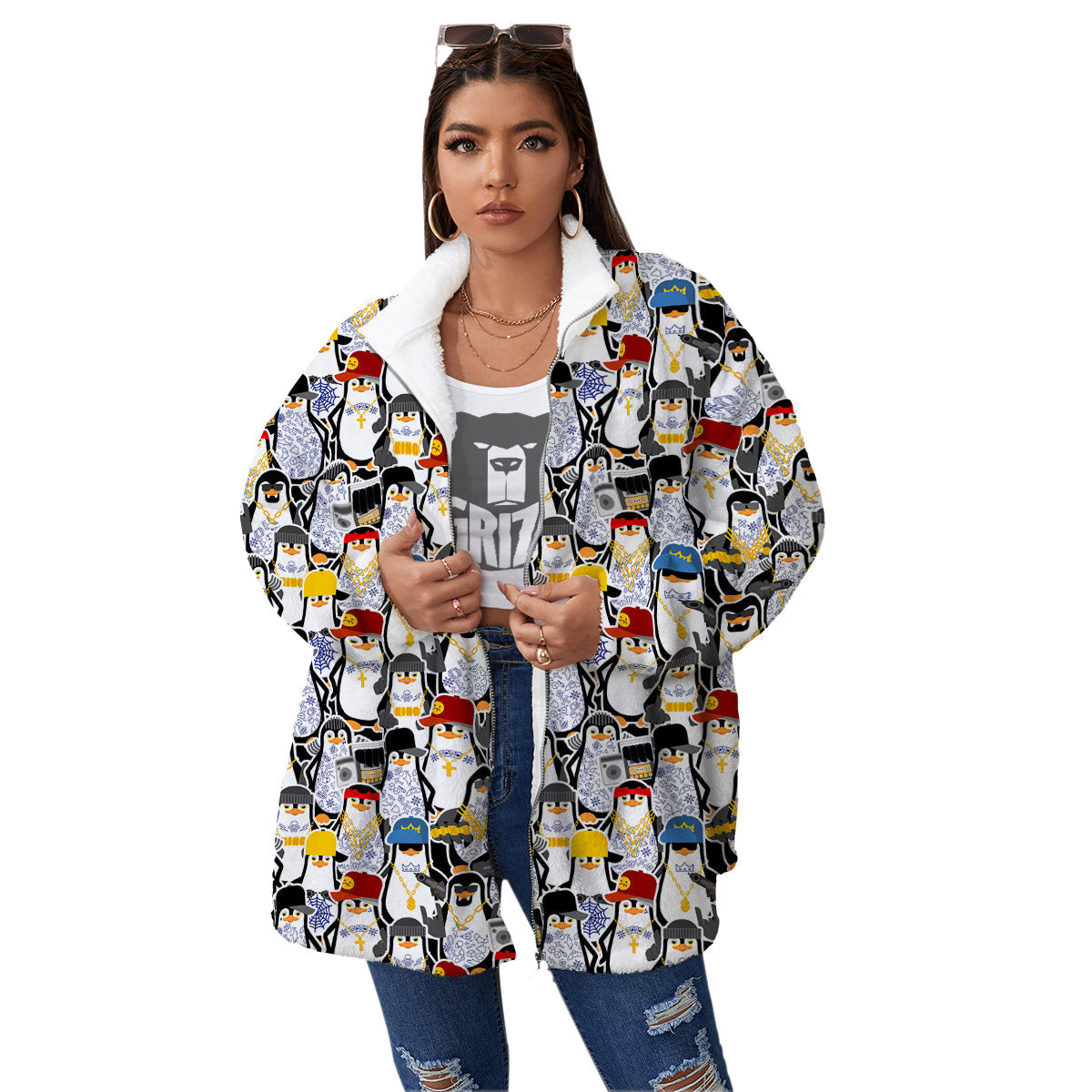 Penguin Criminal Print Pattern Women's Sherpa Jacket-grizzshop