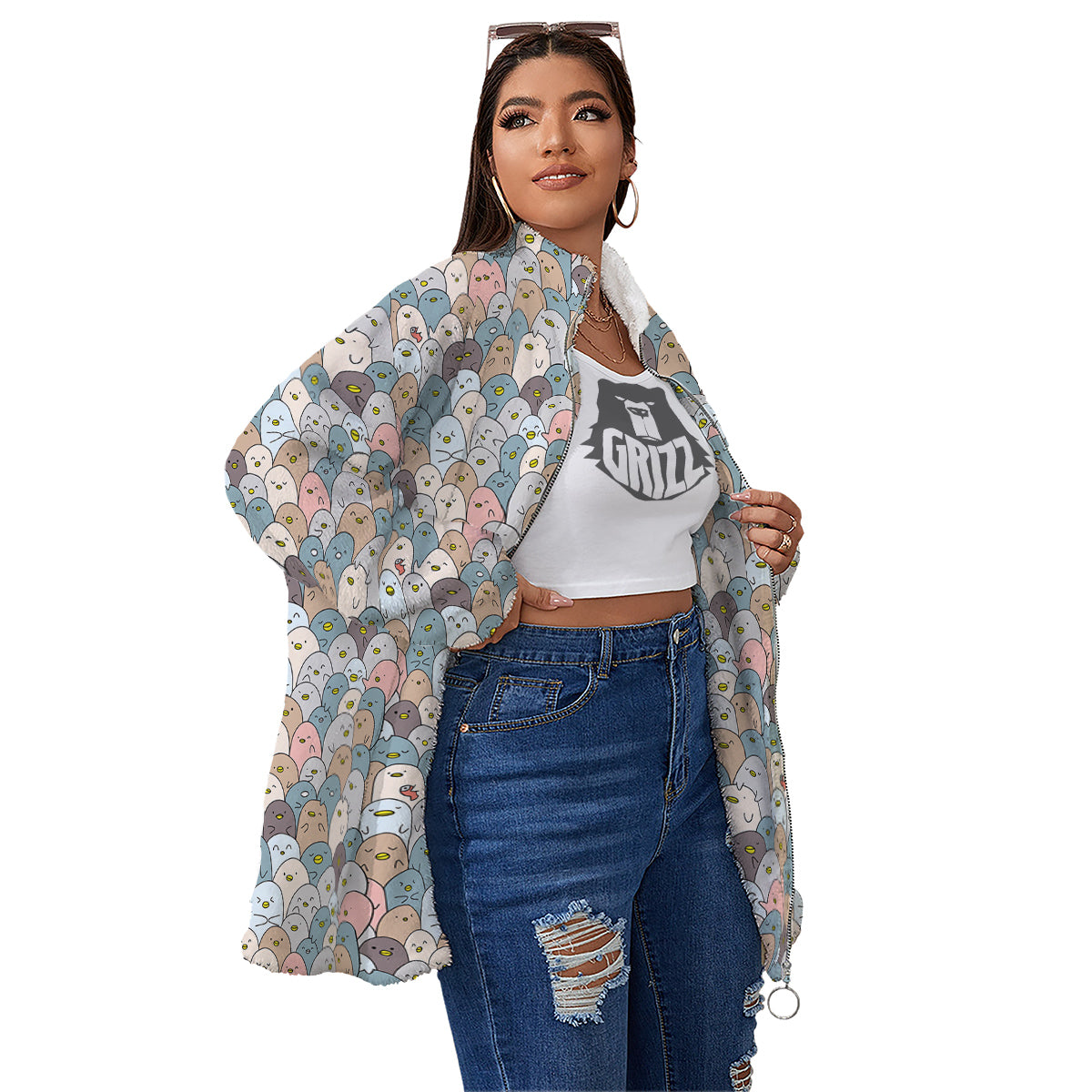 Penguin Cute Colorful Print Pattern Women's Sherpa Jacket-grizzshop