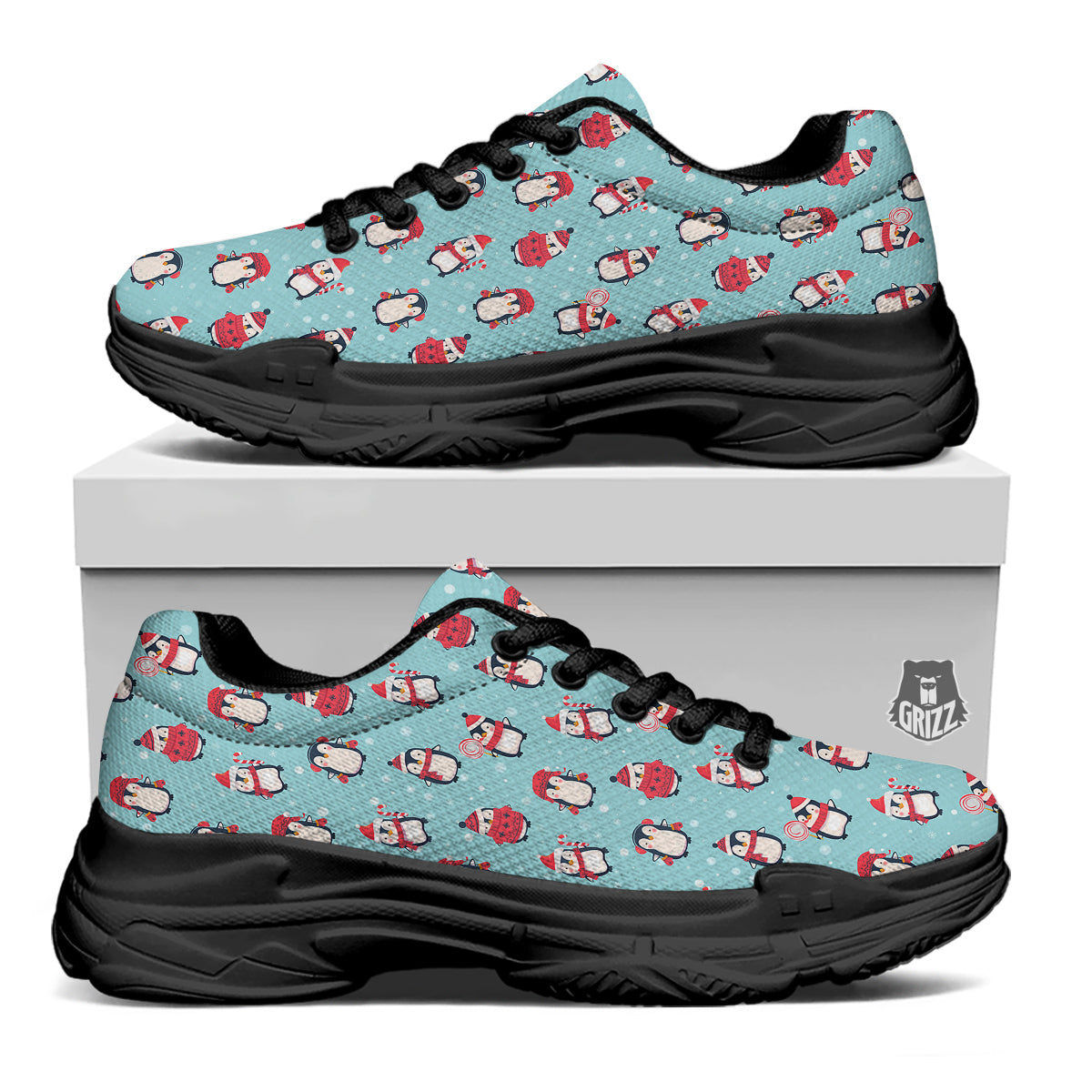 Penguin Cute Snowy Print Pattern Black Chunky Shoes-grizzshop