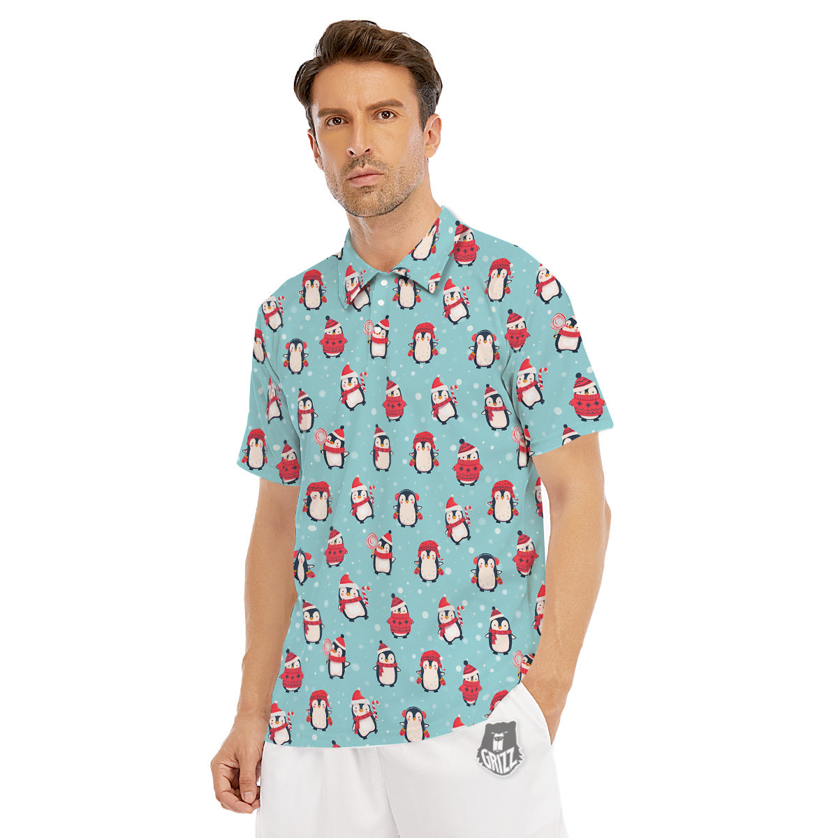 Penguin Cute Snowy Print Pattern Men's Golf Shirts-grizzshop