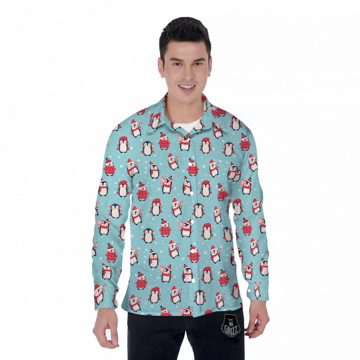 Penguin Cute Snowy Print Pattern Men's Long Sleeve Shirts-grizzshop