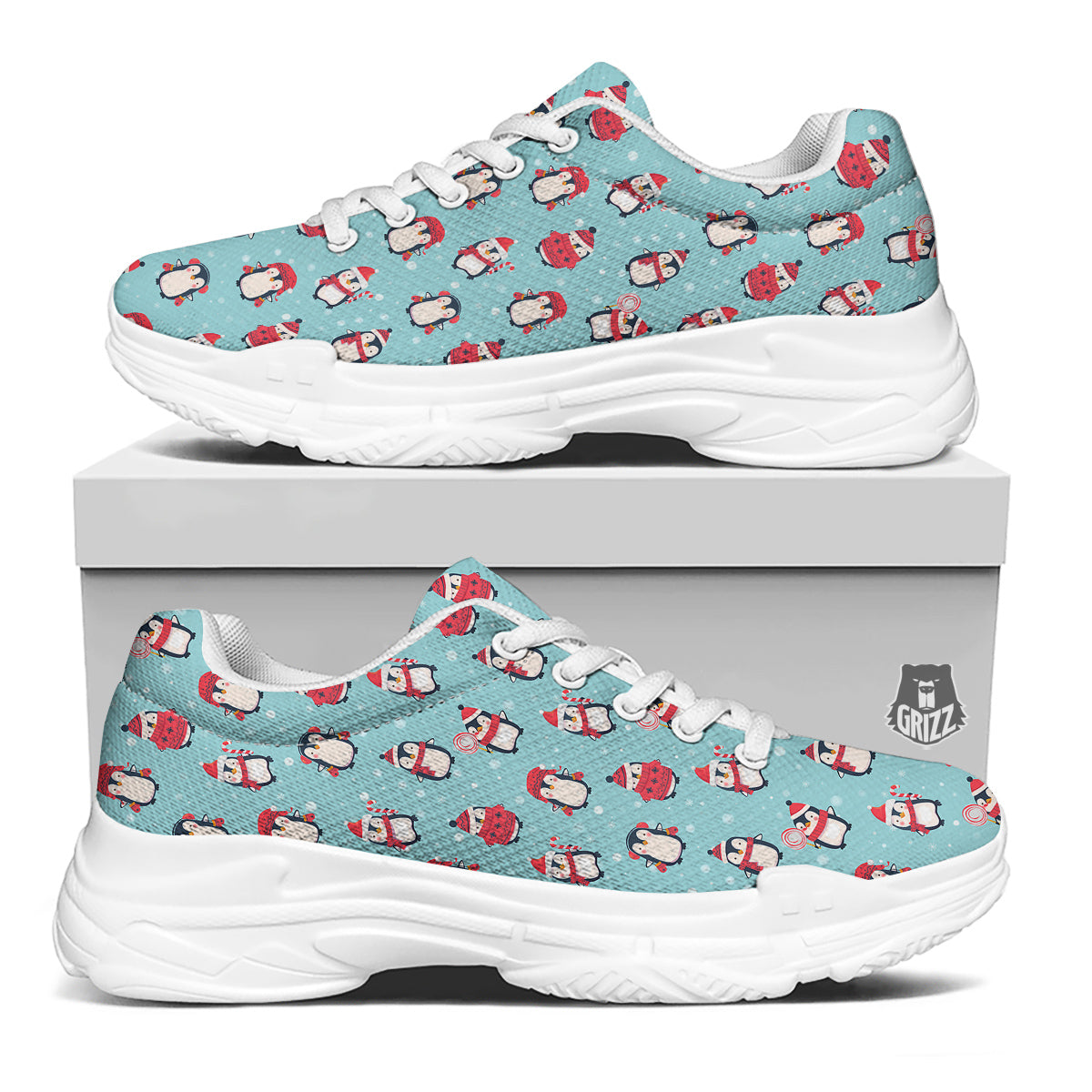 Penguin Cute Snowy Print Pattern White Chunky Shoes-grizzshop
