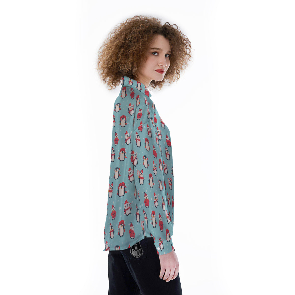 Penguin Cute Snowy Print Pattern Women's Long Sleeve Shirts-grizzshop