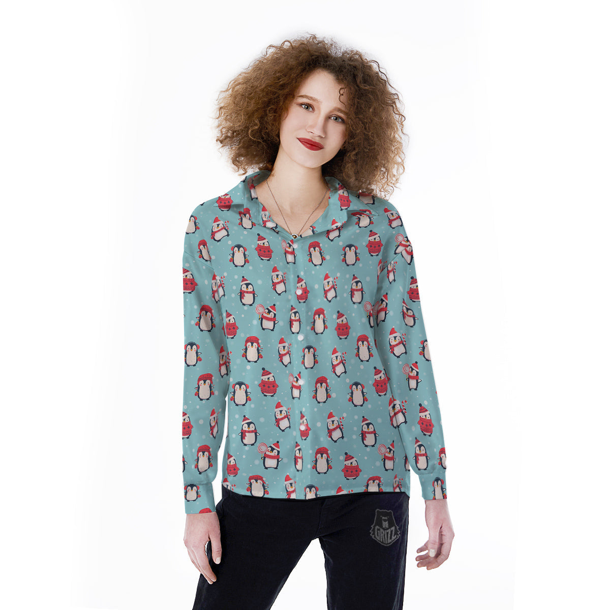 Penguin Cute Snowy Print Pattern Women's Long Sleeve Shirts-grizzshop
