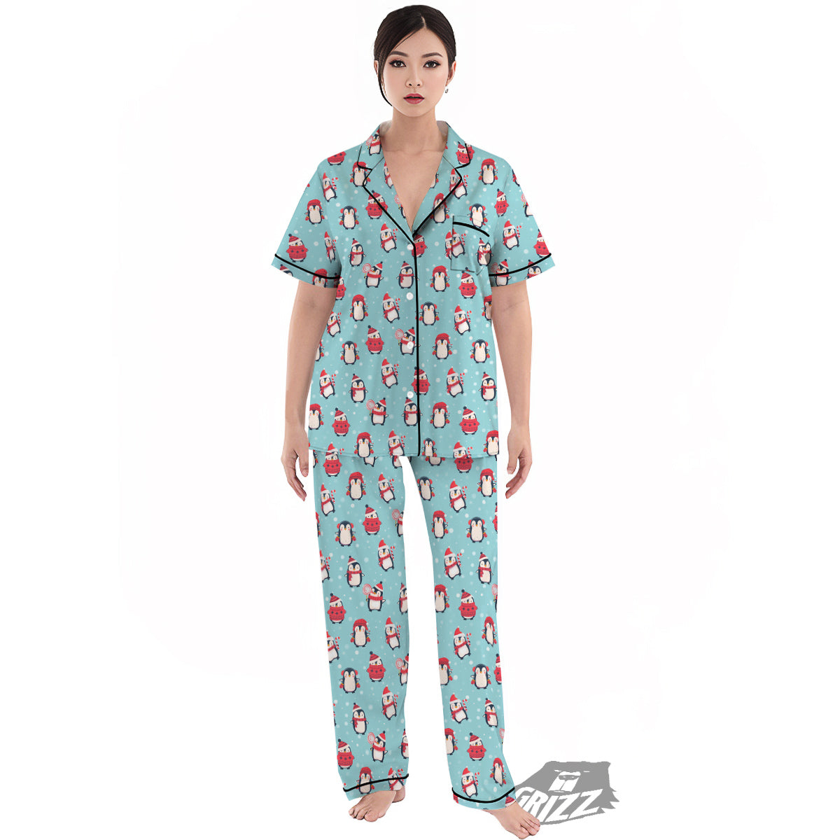 Penguin Cute Snowy Print Pattern Women's Pajamas Set-grizzshop