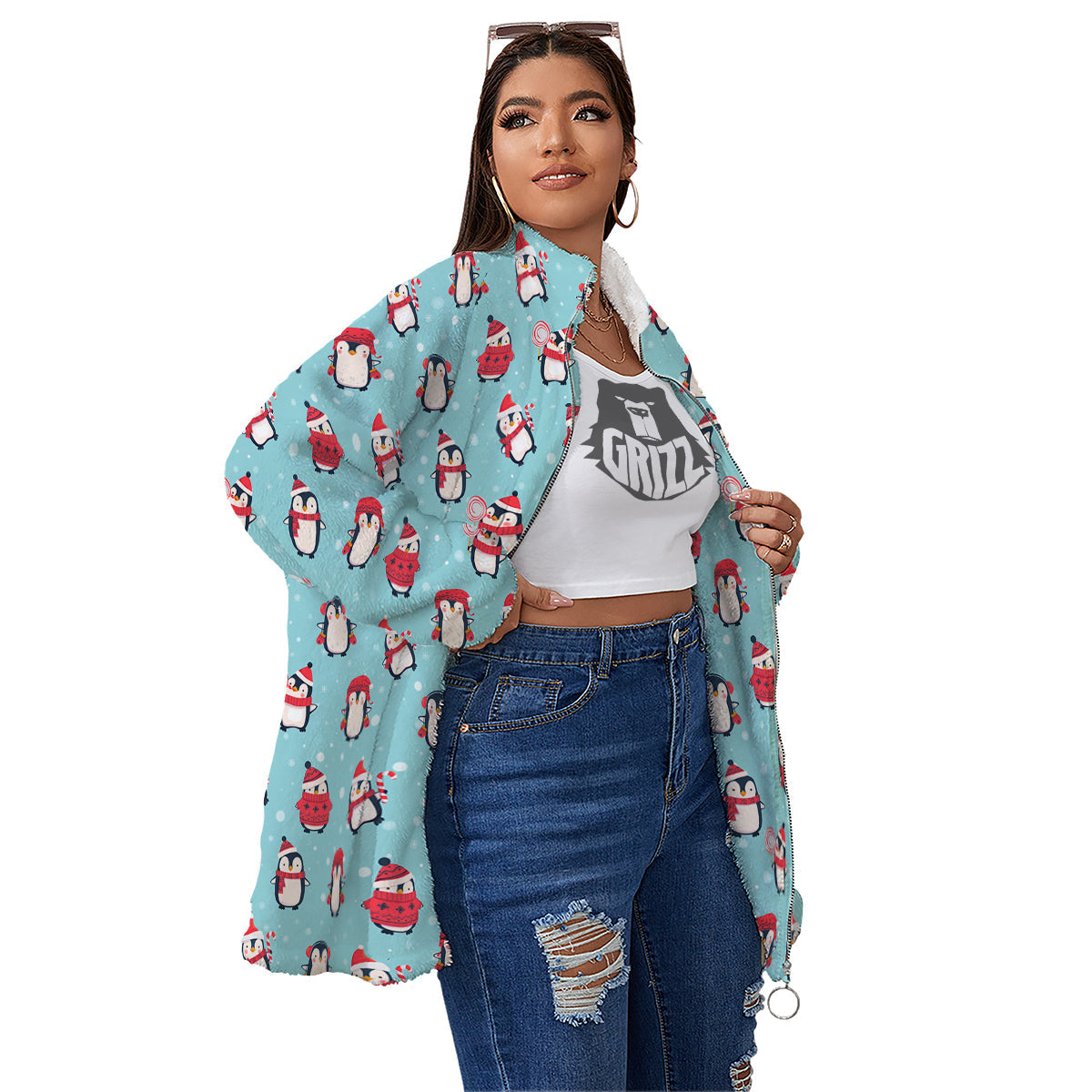 Penguin Cute Snowy Print Pattern Women's Sherpa Jacket-grizzshop