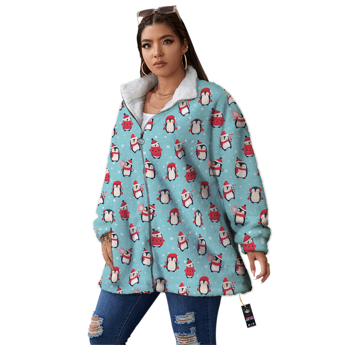 Penguin Cute Snowy Print Pattern Women's Sherpa Jacket-grizzshop
