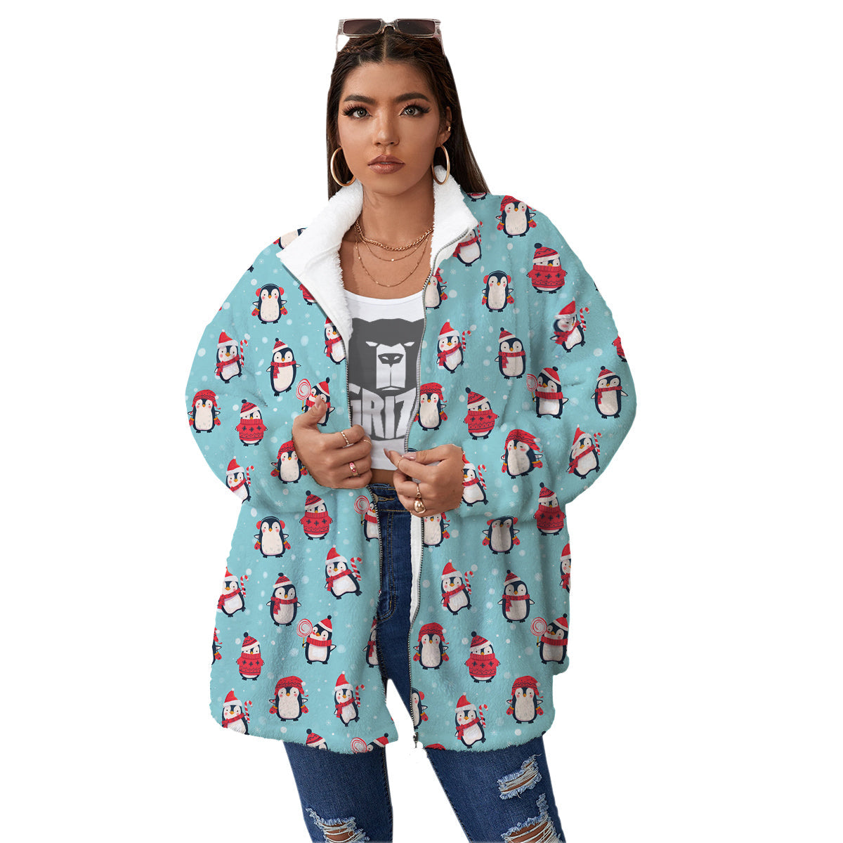 Penguin Cute Snowy Print Pattern Women's Sherpa Jacket-grizzshop