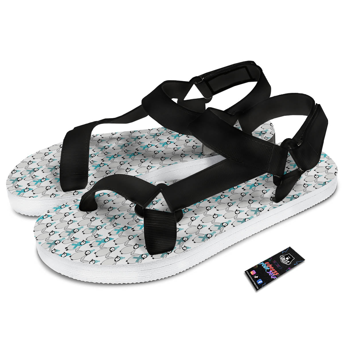 Penguin Emperor Cartoon Print Pattern Black Open Toe Sandals-grizzshop