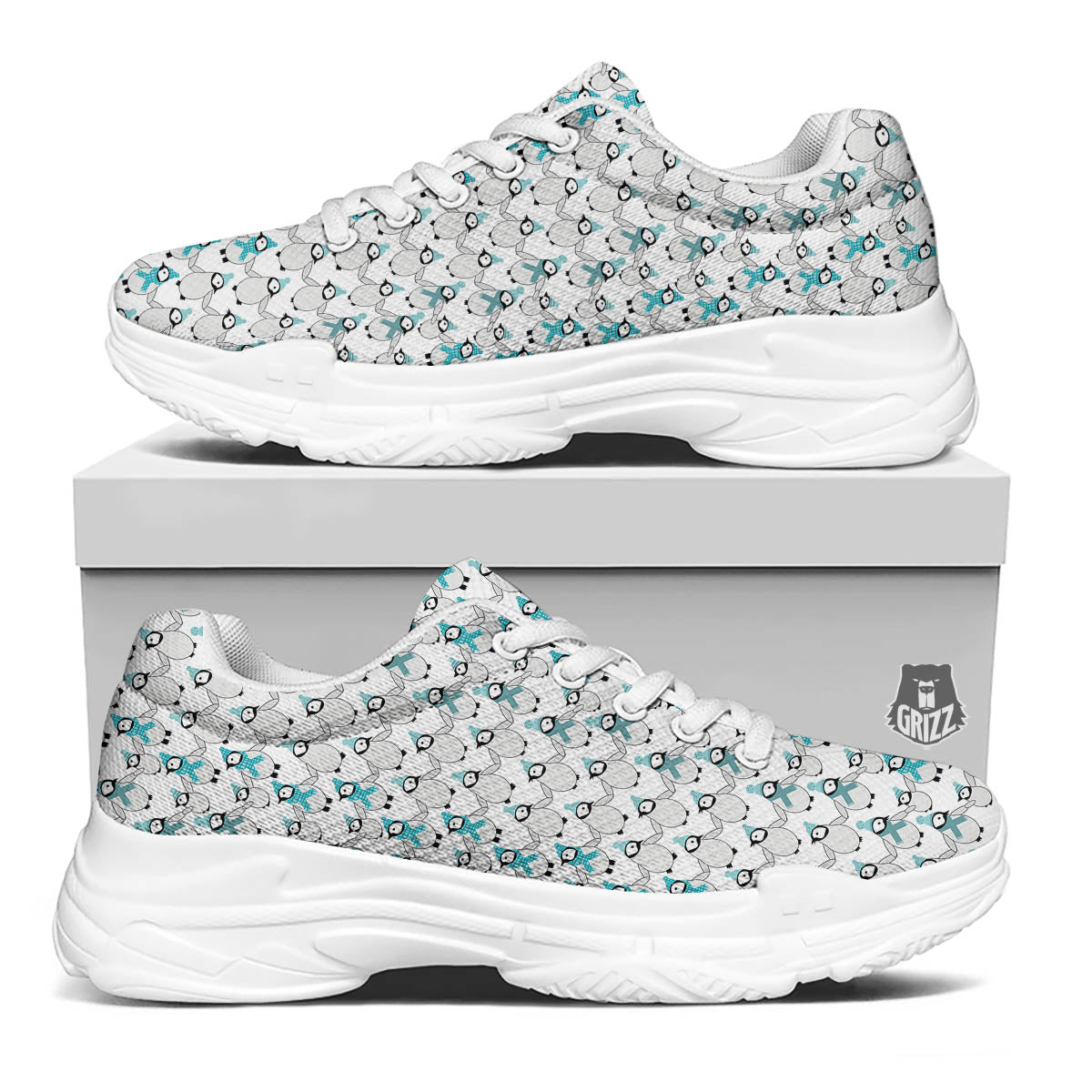 Penguin Emperor Cartoon Print Pattern White Chunky Shoes-grizzshop