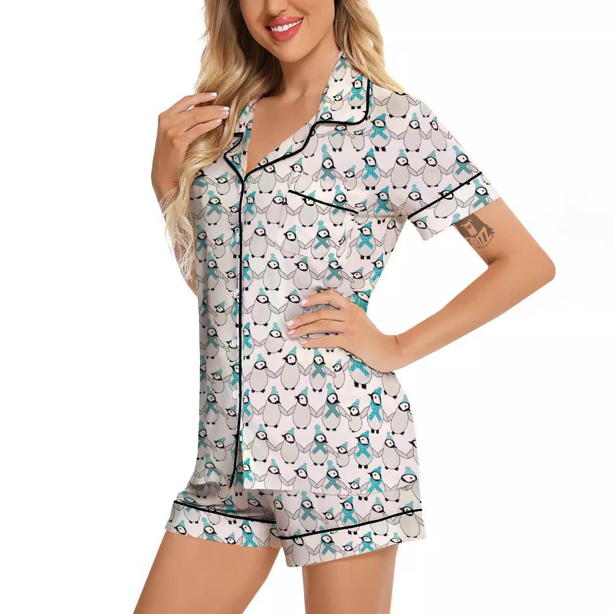 Penguin Emperor Cartoon Print Pattern Women Silk Pajamas-grizzshop
